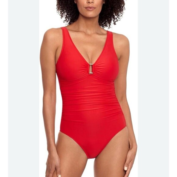 Lauren Ralph Lauren Beach Club Solids Ring One Piece Swimsuit In Red Sz 10 New - Picture 1 of 11